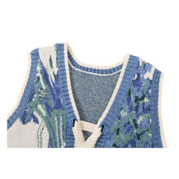 VILZSTUDIOS Vintage Floral Lace-Up Sleeveless Sweater