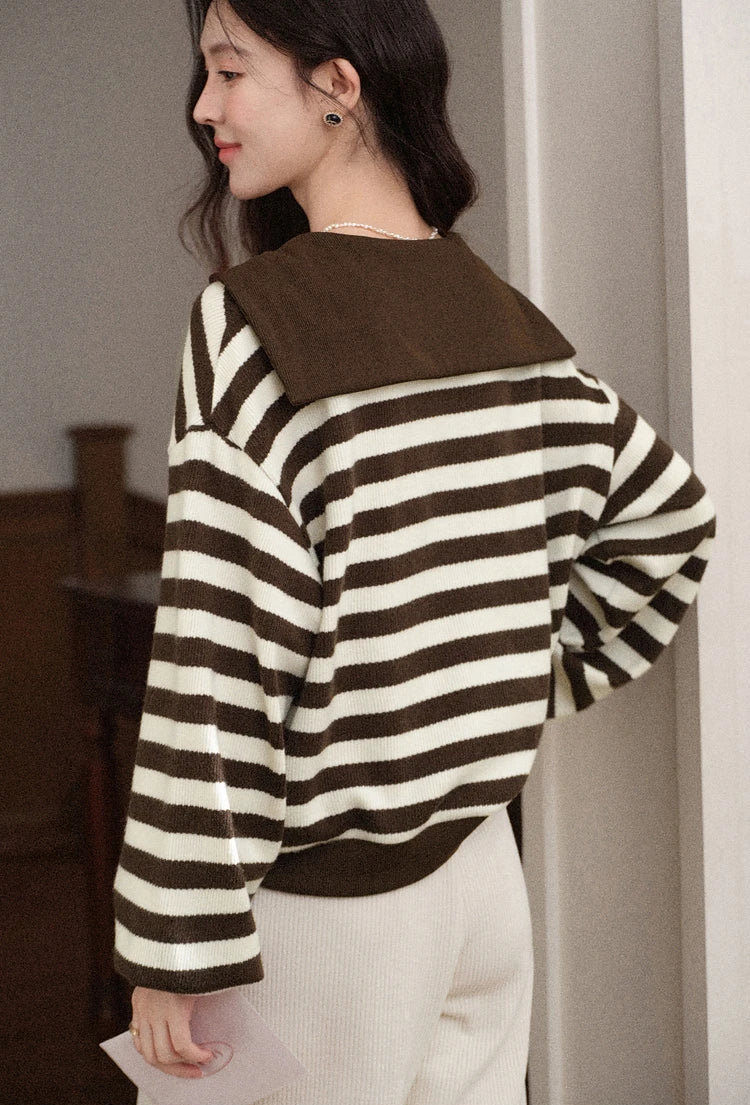 VILZSTUDIOS Striped Brown Sailor Collar Sweater