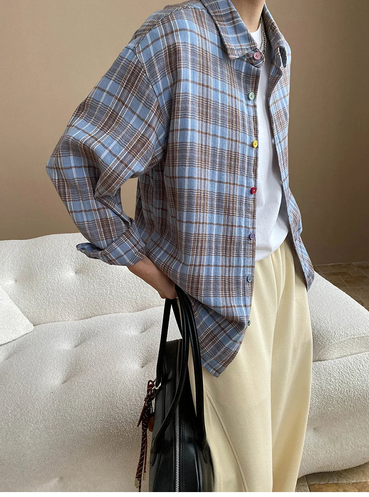 VILZSTUDIOS Colorful Plaid Cotton Oversized Long Shirt