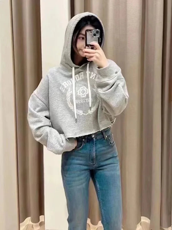 Grey Embroidered Letters Cropped Hoodie