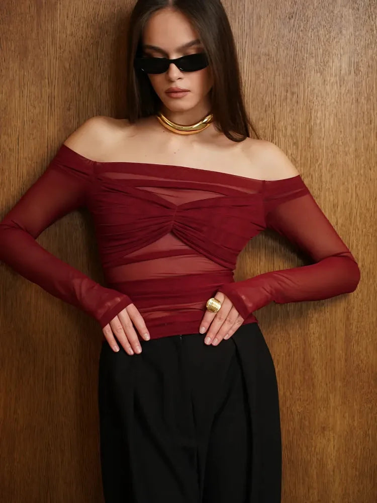 VILZSTUDIOS Elegant Mesh Off Shoulder Pleated T-Shirt