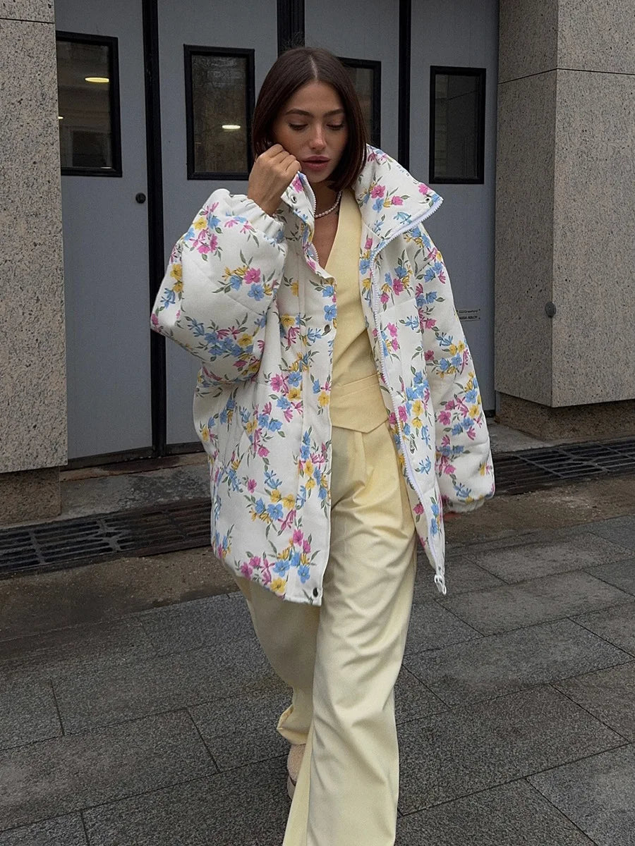 VILZSTUDIOS Cozy Floral Print Oversized Puffer Jacket