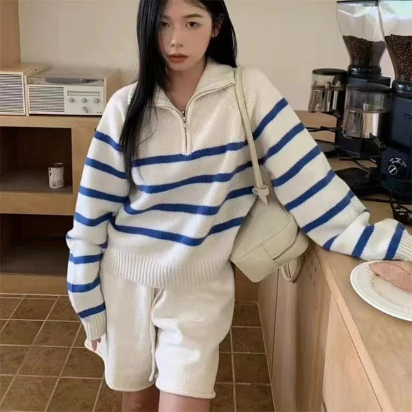Cozy Zip-Up Striped Knit Sweater