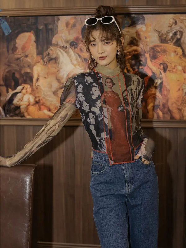 Vintage Mesh Patchwork Turtleneck Top