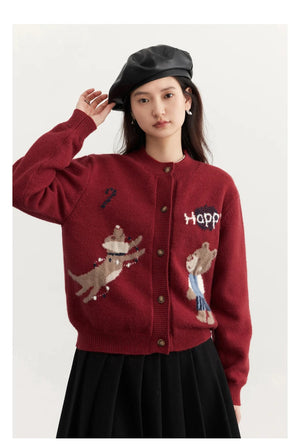 VILZSTUDIOS Retro Jacquard Happy Bear Cardigan