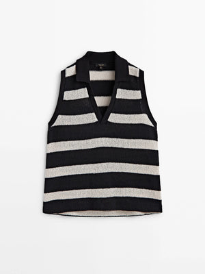 VILZSTUDIOS Striped Sleeveless Polo Top