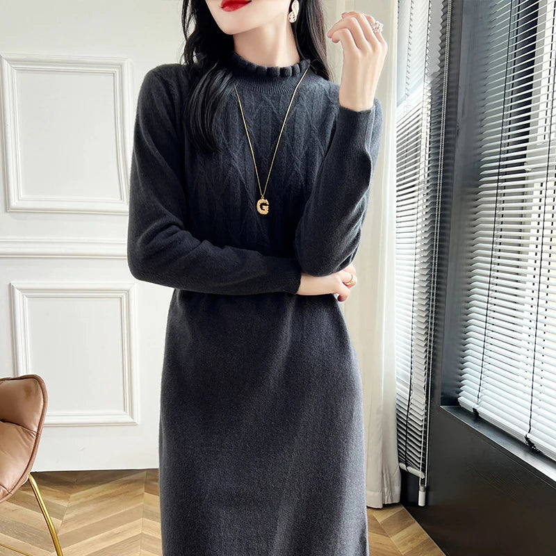 VILZSTUDIOS Cozy Wool High Neck Knitted Midi Dress