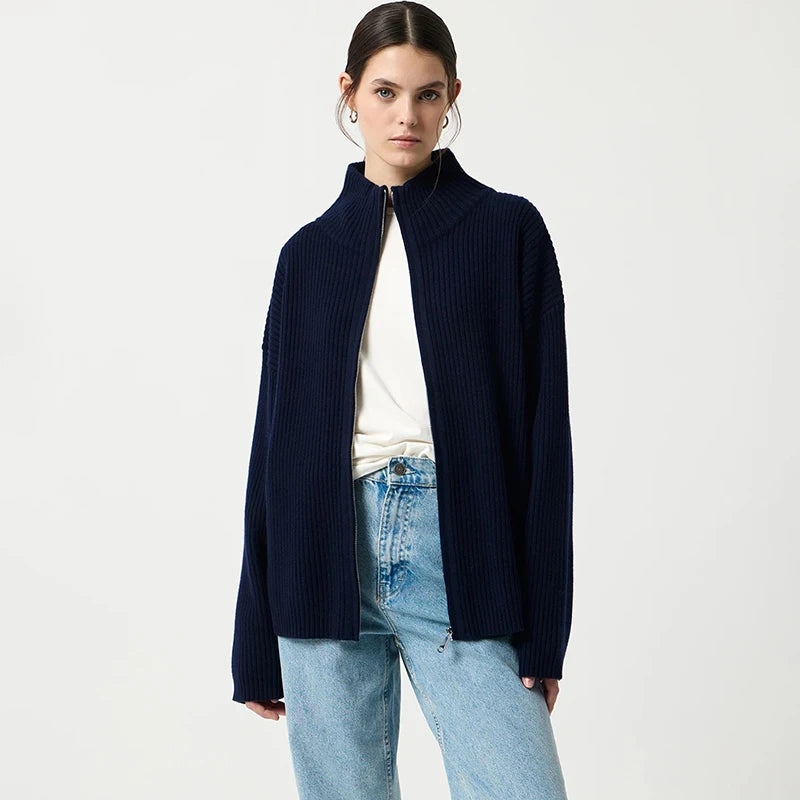VILZSTUDIOS Cozy Knitted Turtleneck Zipper Cardigan