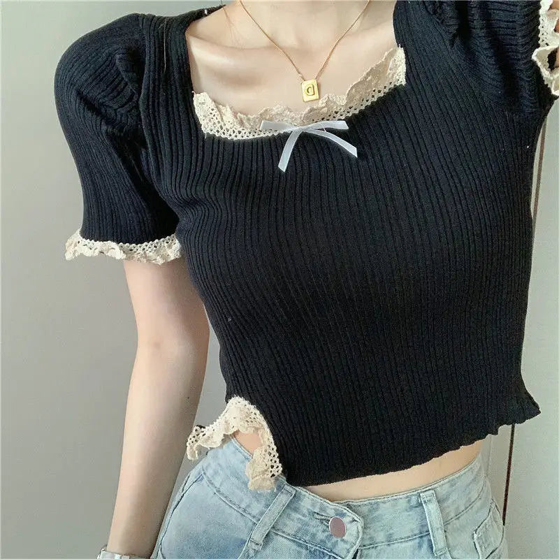 VILZSTUDIOS Spicy Girl Square Neck Lace Shirt