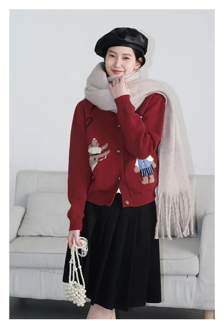 VILZSTUDIOS Retro Jacquard Happy Bear Cardigan