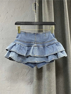 VILZSTUDIOS High Waist Vintage Denim Ruffle Jeans Skirts