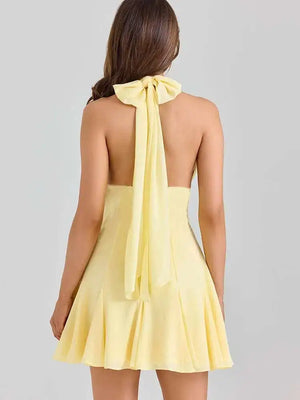 VILZSTUDIOS Yellow Lace Halter Backless Mini Dress