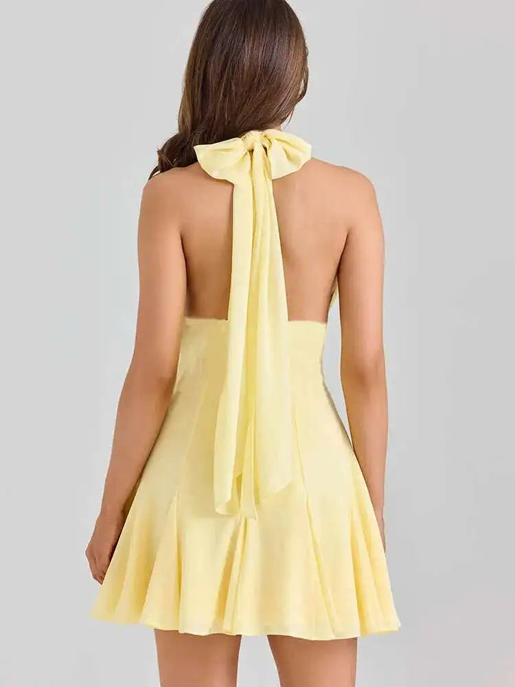 VILZSTUDIOS Yellow Lace Halter Backless Mini Dress
