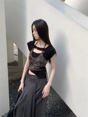 VILZSTUDIOS Camo Print Mesh Halter Top