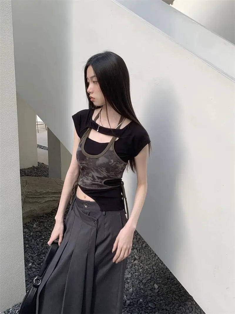 VILZSTUDIOS Camo Print Mesh Halter Top