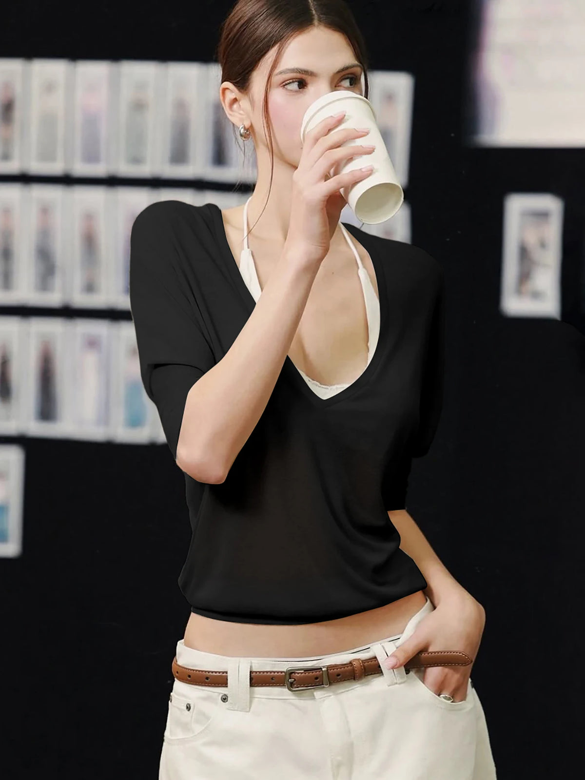 VILZSTUDIOS Sexy V-Neck Slim-Fit Long Sleeve Top