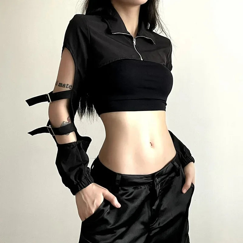 VILZSTUDIOS Cyberpunk Hollow Out Zipper Crop Top
