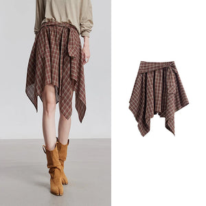 VILZSTUDIOS Retro Plaid Irregular Strap Mini Skirt