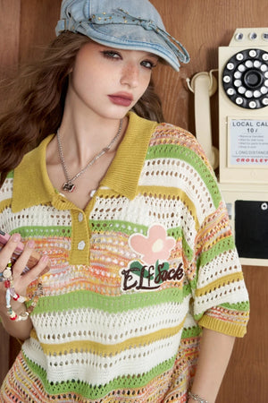VILZSTUDIOS Striped Knitted Sweet Loose T-Shirt