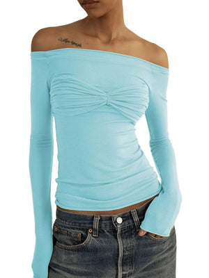 VILZSTUDIOS Sexy Mesh Off Shoulder Ruched T-Shirt