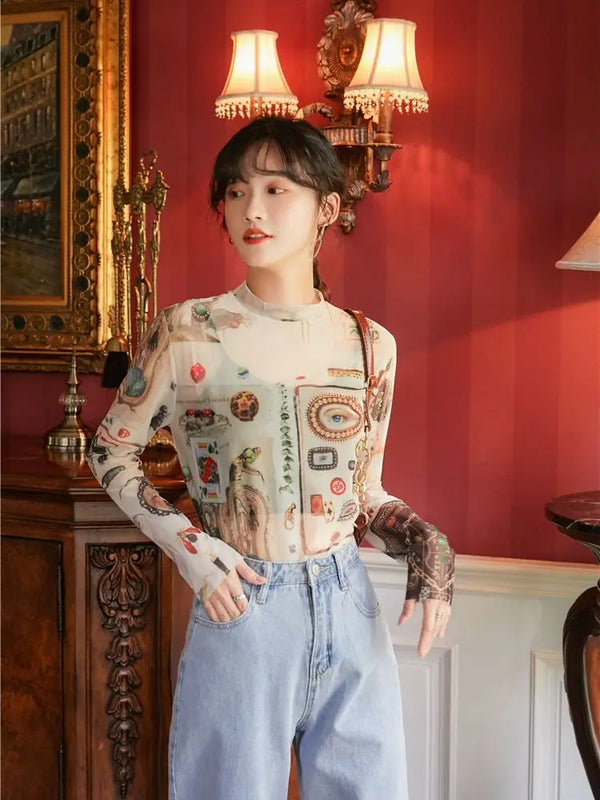 Mystical Graphic Long Sleeve Mesh Top