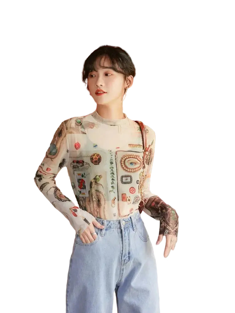 VILZSTUDIOS Mystical Graphic Long Sleeve Mesh Top