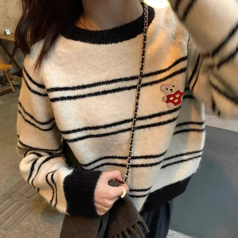 VILZSTUDIOS Striped Cartoon Embroidery Sweater