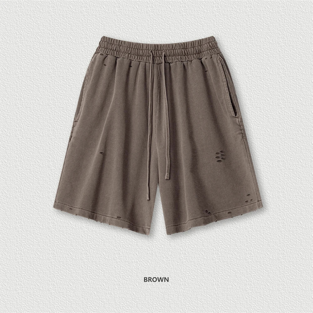 VILZSTUDIOS Retro Distressed Drawstring Cotton Shorts