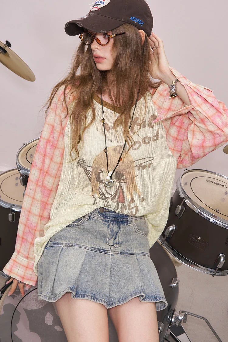 VILZSTUDIOS Plaid Patchwork Print V-Neck Knit Top