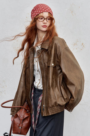 VILZSTUDIOS Y2K Vintage Texture Zip-Up Biker Leather Jacket