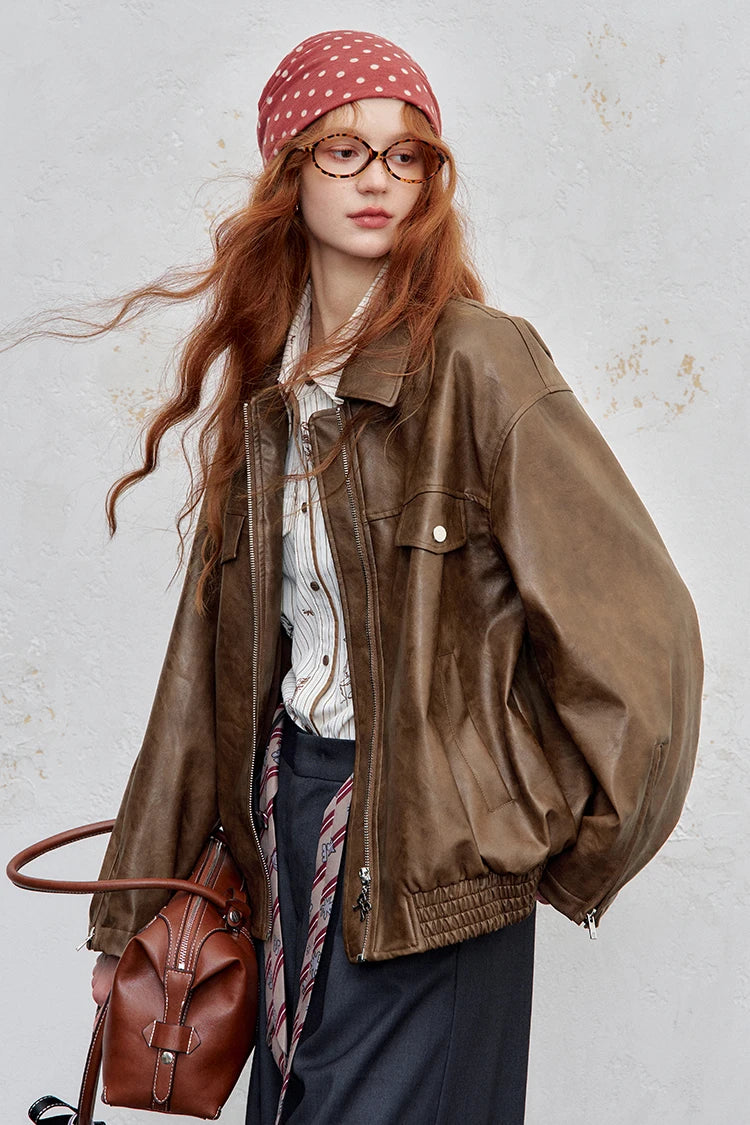 VILZSTUDIOS Y2K Vintage Texture Zip-Up Biker Leather Jacket