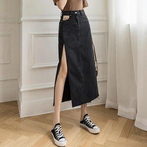VILZSTUDIOS Vintage Denim Midi Skirt With Slit