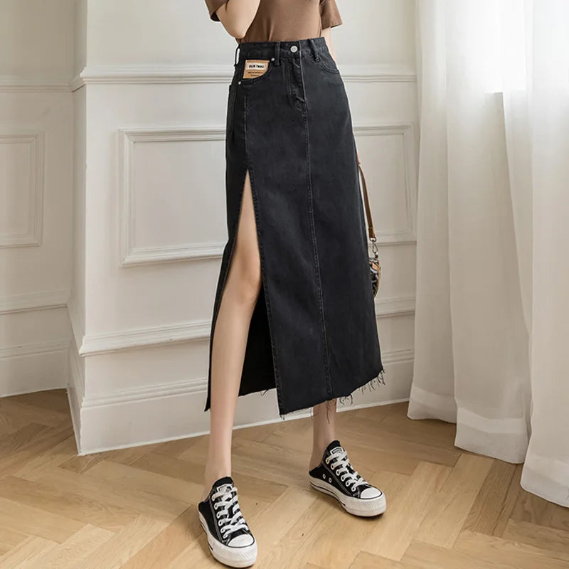 VILZSTUDIOS Vintage Denim Midi Skirt With Slit