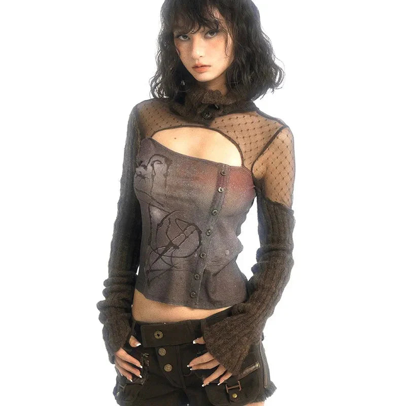 VILZSTUDIOS Vintage Patchwork Grunge Knitted Irregular T-Shirt
