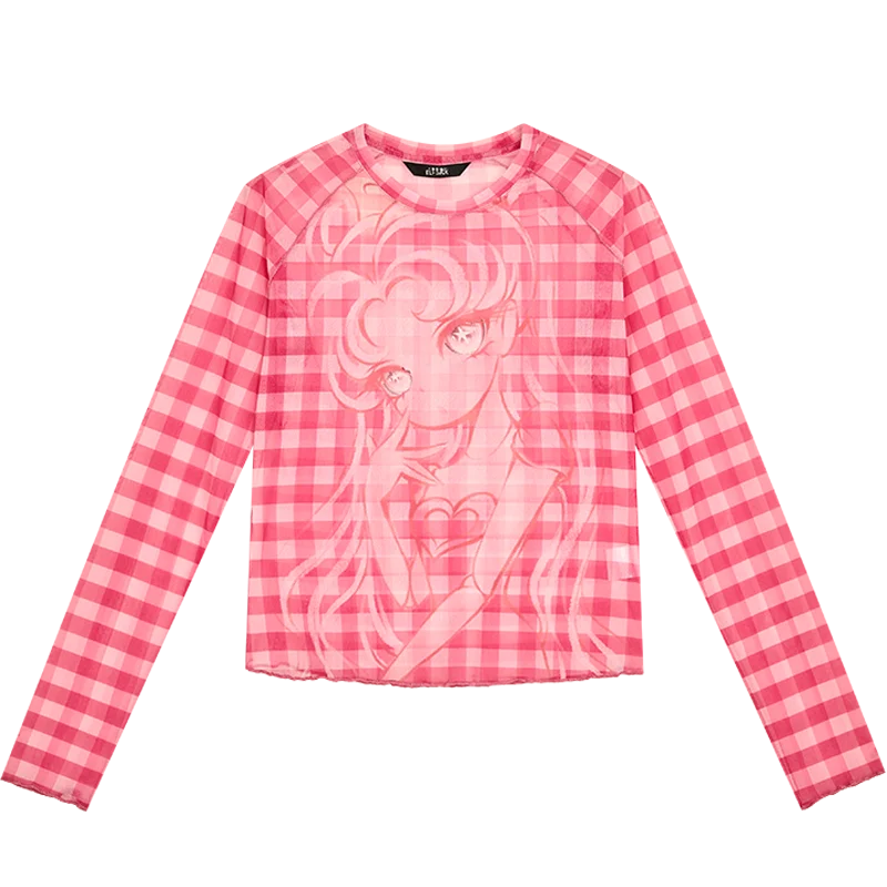 VILZSTUDIOS Checkered Cartoon Mesh Long Sleeve Top