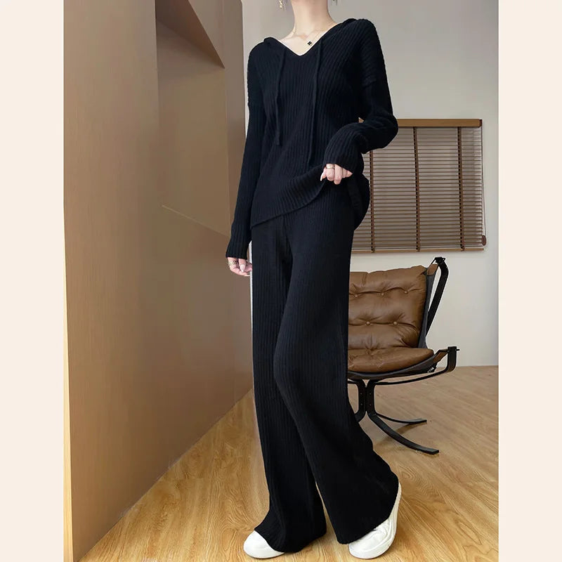 VILZSTUDIOS Cozy Knitted Wide Leg Pants & Hoodie Set