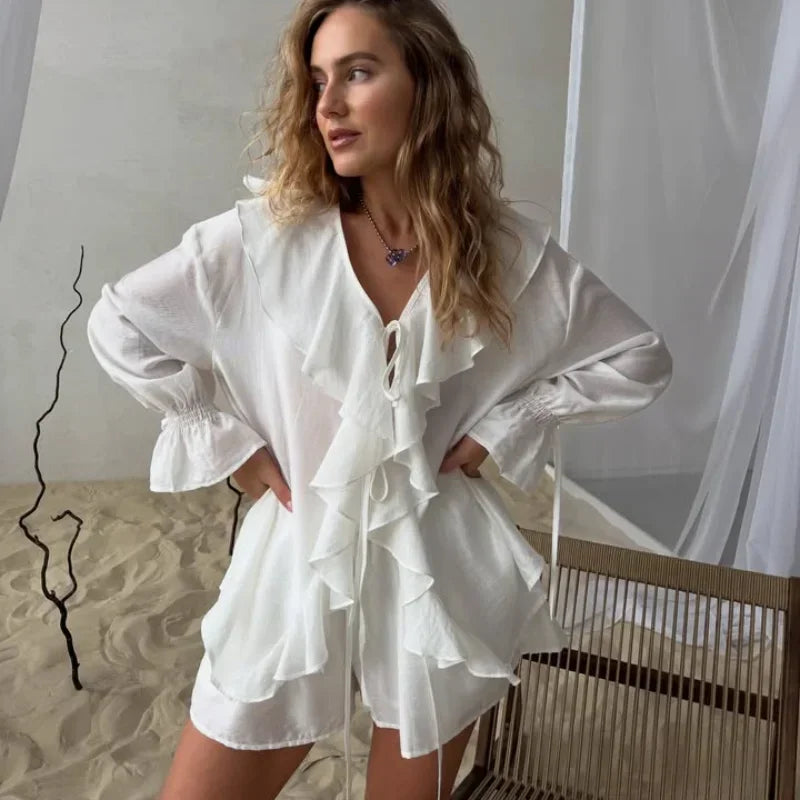 VILZSTUDIOS Chic White Linen Lace-Up Shirt
