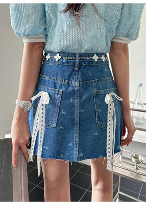 VILZSTUDIOS Spicy Lace Bow A-Line Denim Skirt