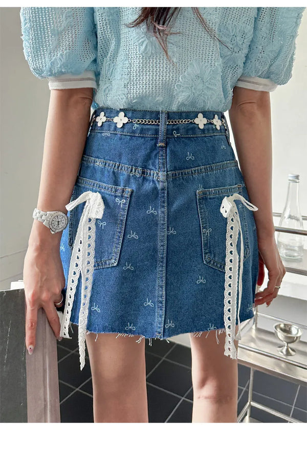 Spicy Lace Bow High Waisted Denim Skirt