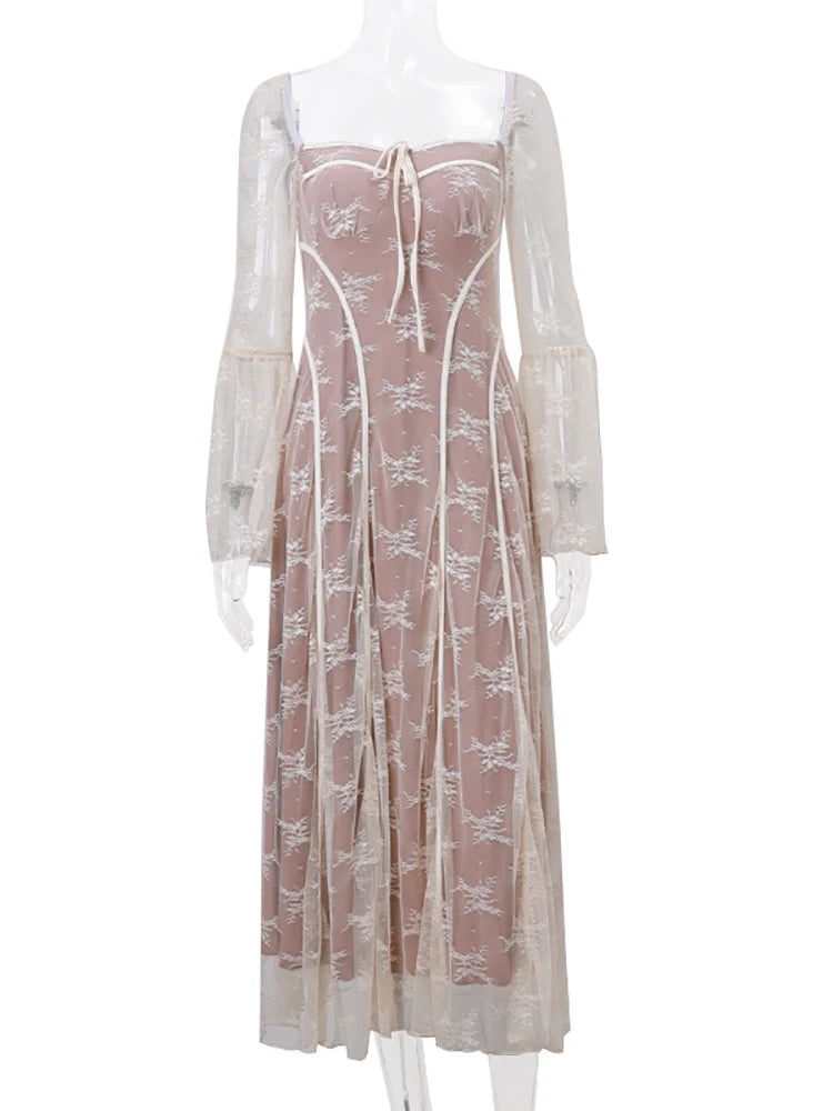 VILZSTUDIOS Elegant Lace Square Collar White Maxi