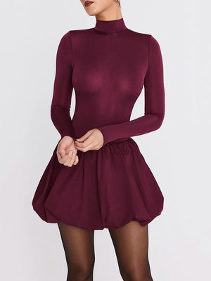 VILZSTUDIOS Burgundy Patchwork Turtleneck Long Sleeve Mini