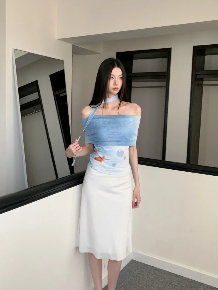 VILZSTUDIOS Gradient Blue Mesh Off-Shoulder Blouse