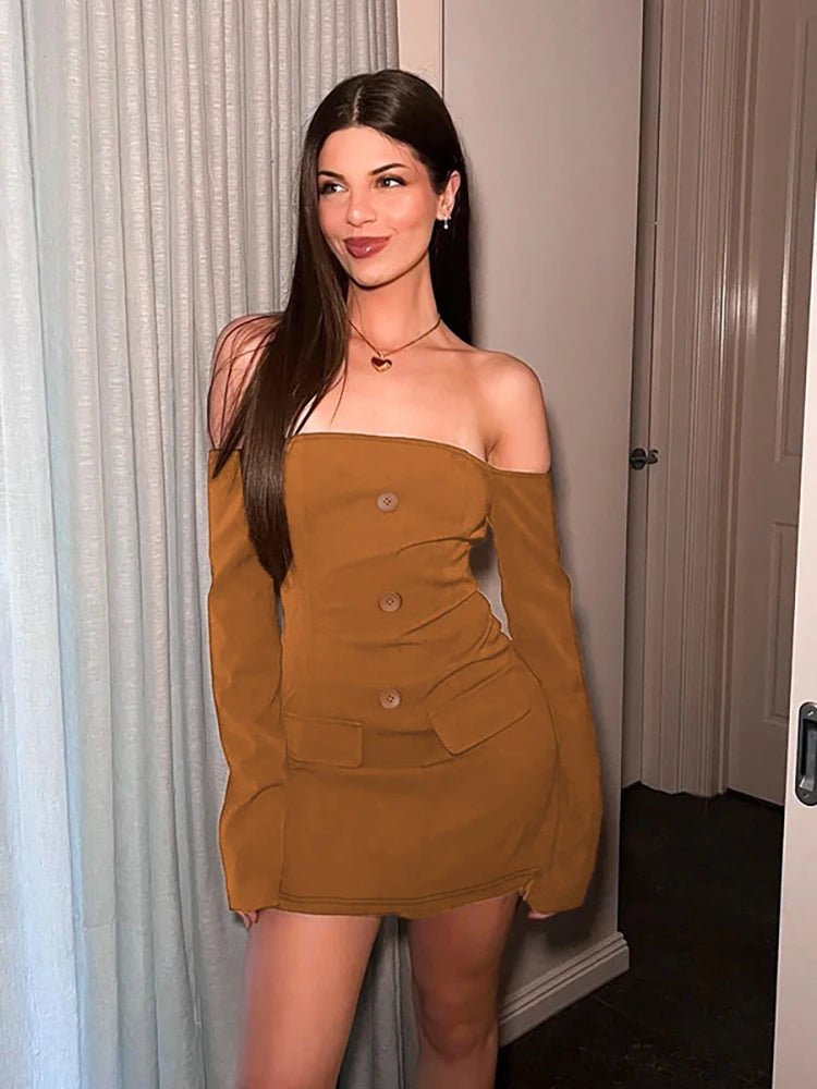 VILZSTUDIOS Elegant Off-Shoulder Button Dress in Brown