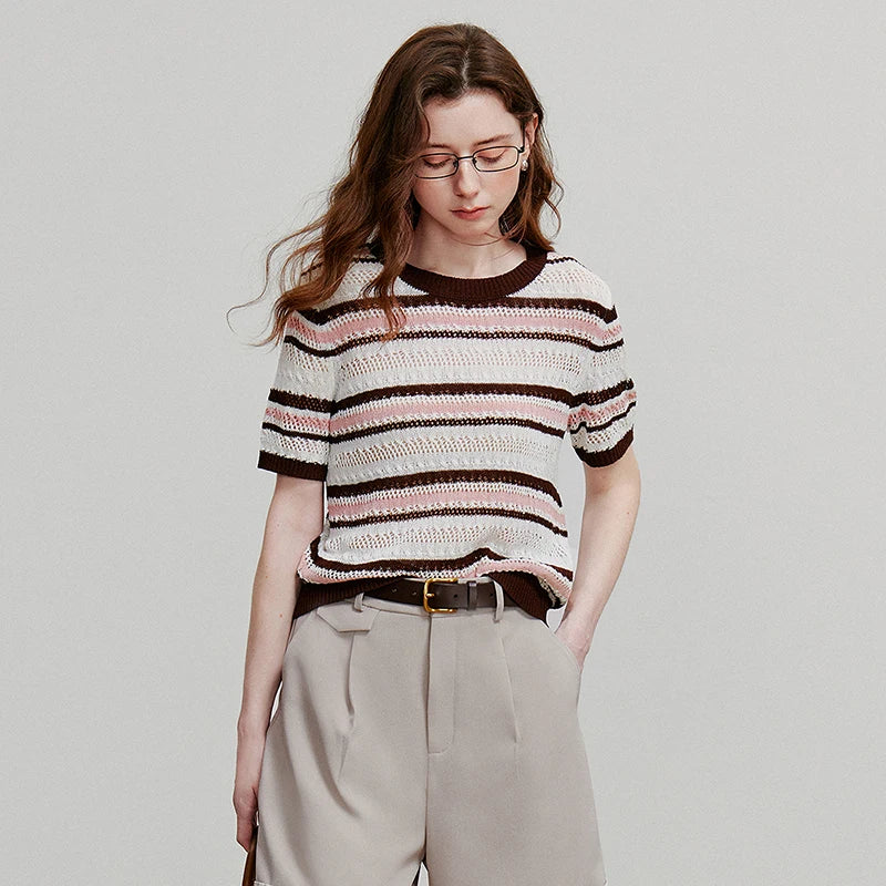 VILZSTUDIOS Striped Hollow Knit Pullover