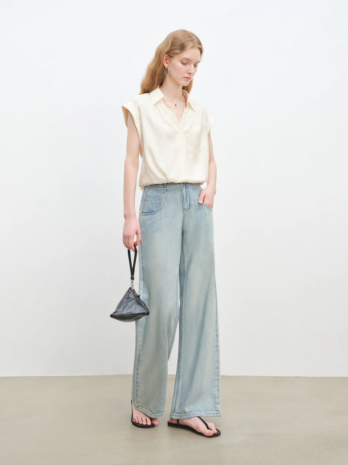 VILZSTUDIOS French Lazy Relaxed V-Neck Commuter Blouse
