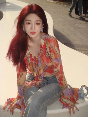 VILZSTUDIOS Fairycore Ruffled Tie Dye Crop Top