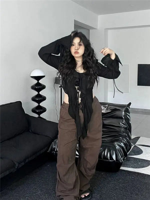 VILZSTUDIOS Black Lace-Up Blouse