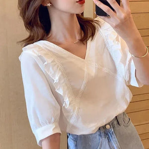 VILZSTUDIOS Versatile Korean V-Neck Solid Short Blouse