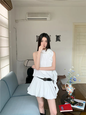 VILZSTUDIOS White Ruffles Halter Mini Dress Designer