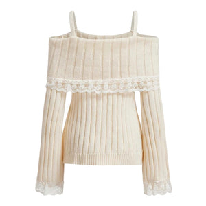 VILZSTUDIOS Pink Grunge Lace Off Shoulder Sweater